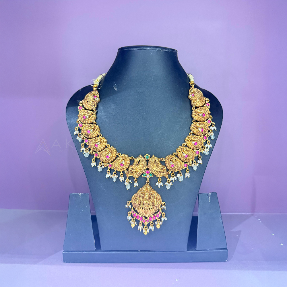 Peacock & Lakshmi Rice Pearl Necklace